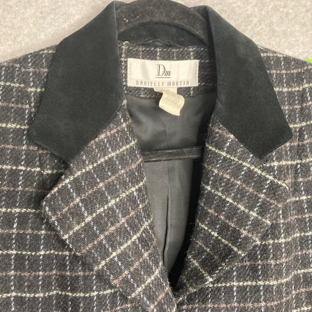 Vintage Danielle Martin‎ Wool Plaid Blazer Suede Collar Jacket Academia 8 Black - Picture 11 of 11